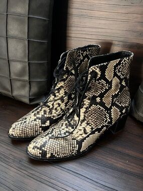 Freda Salvador Snake-Print Lace-Up Ankle Boots in Natural and Black